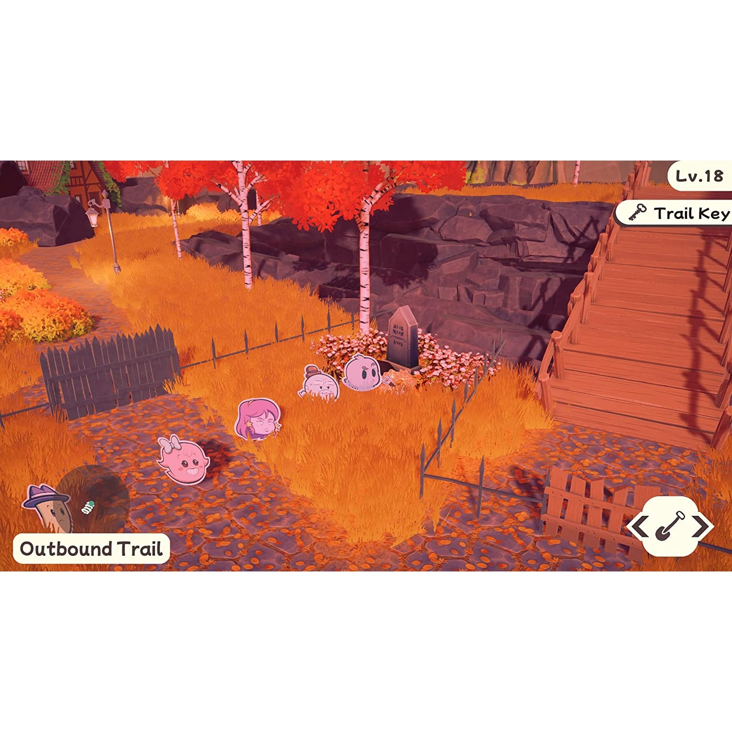 Escena del juego: Pequeños personajes de dibujos animados, hierba naranja, escaleras de madera, árboles y cuadros de texto.