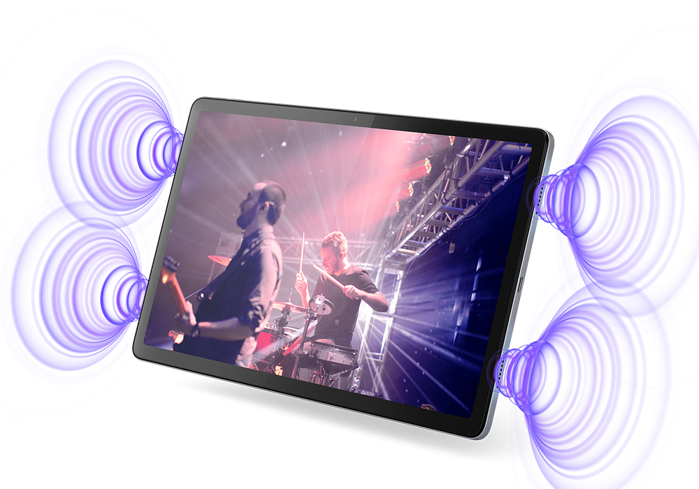 La tableta muestra un escenario de concierto en vivo, con remolinos púrpura.