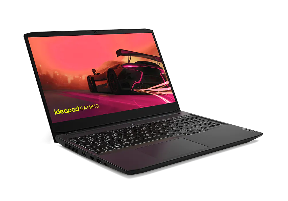 Ordenador portátil con interfaz de juego en la pantalla. Texto: 'ideapad GAMING' abajo.