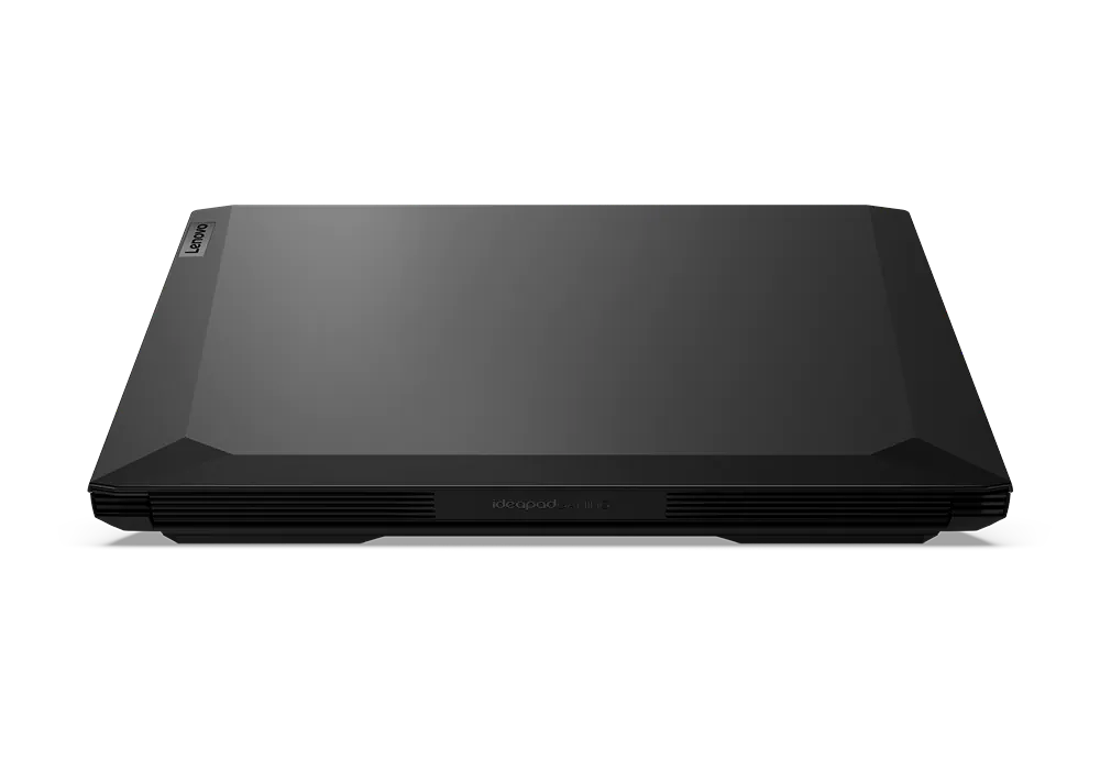 Un portátil negro cerrado con los logotipos de Lenovo e Ideapad sobre fondo negro.