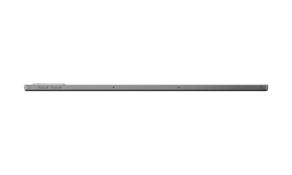 Una tableta gris sobre un fondo negro, vista lateral. La tableta tiene botones y una cámara en el lateral.