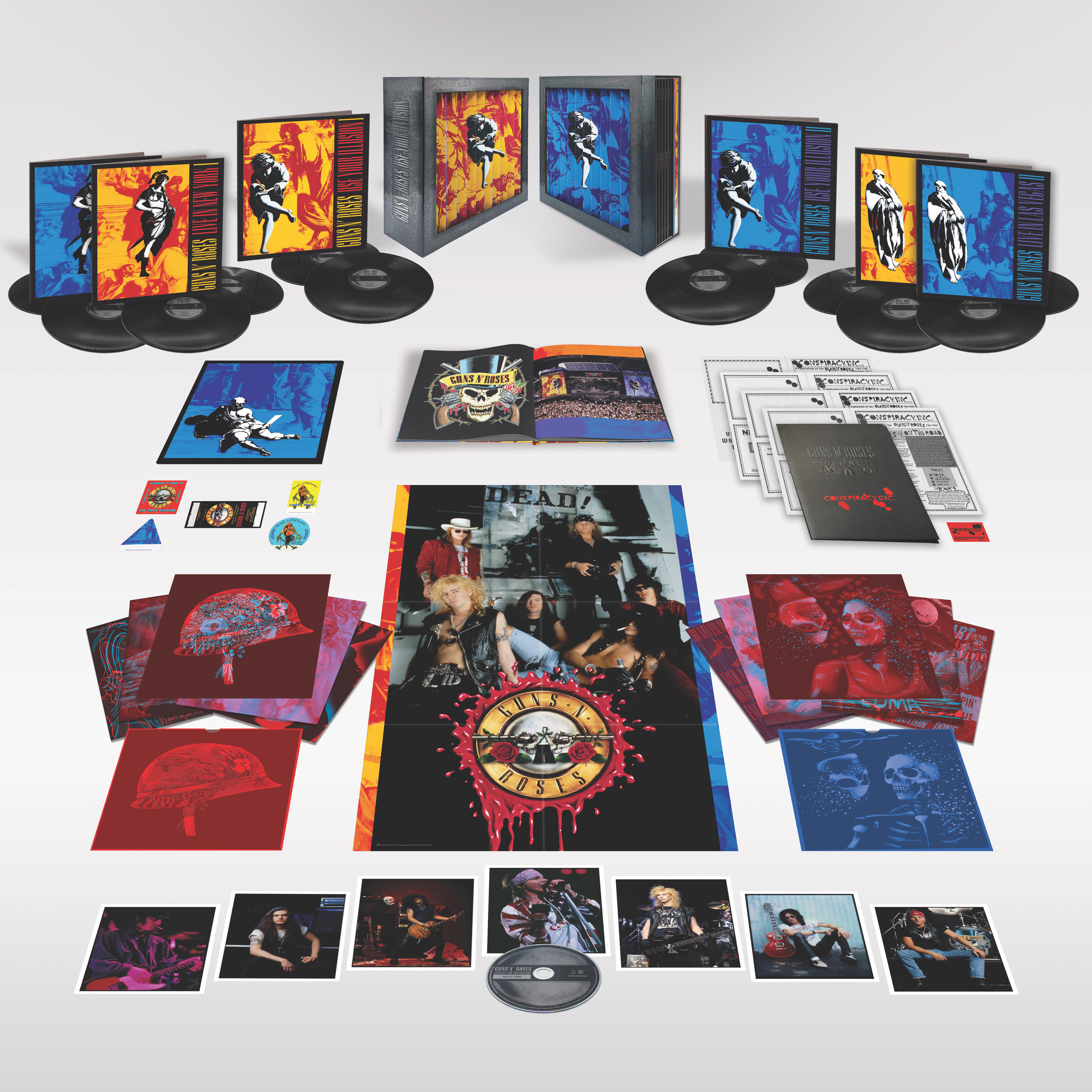 Guns N' Roses Box-Set, mit verschiedenen Alben, Fotos und Erinnerungsstücken.