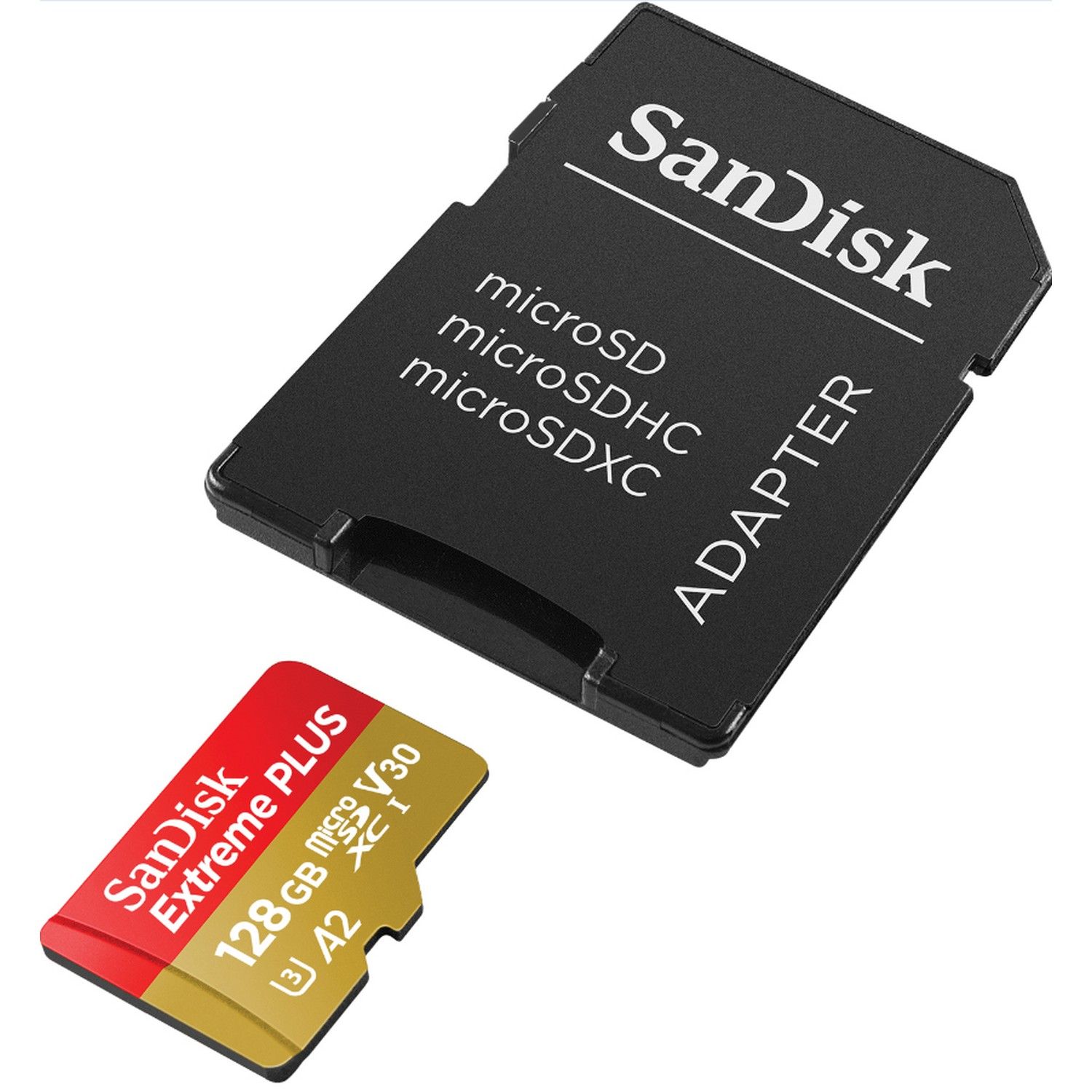 Un adaptador SanDisk negro y una tarjeta micro SD roja y dorada de 128 GB sobre fondo blanco.