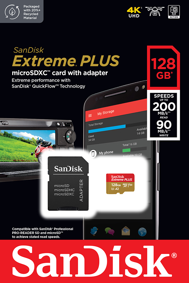 Tarjeta microSD SanDisk con adaptador, pantalla del teléfono que muestra el uso del almacenamiento. Texto: Rendimiento extremo.
