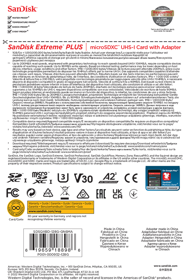 Parte trasera de una tarjeta SanDisk Extreme PLUS microSDXC UHS-I con adaptador. Texto y logotipos son visibles.