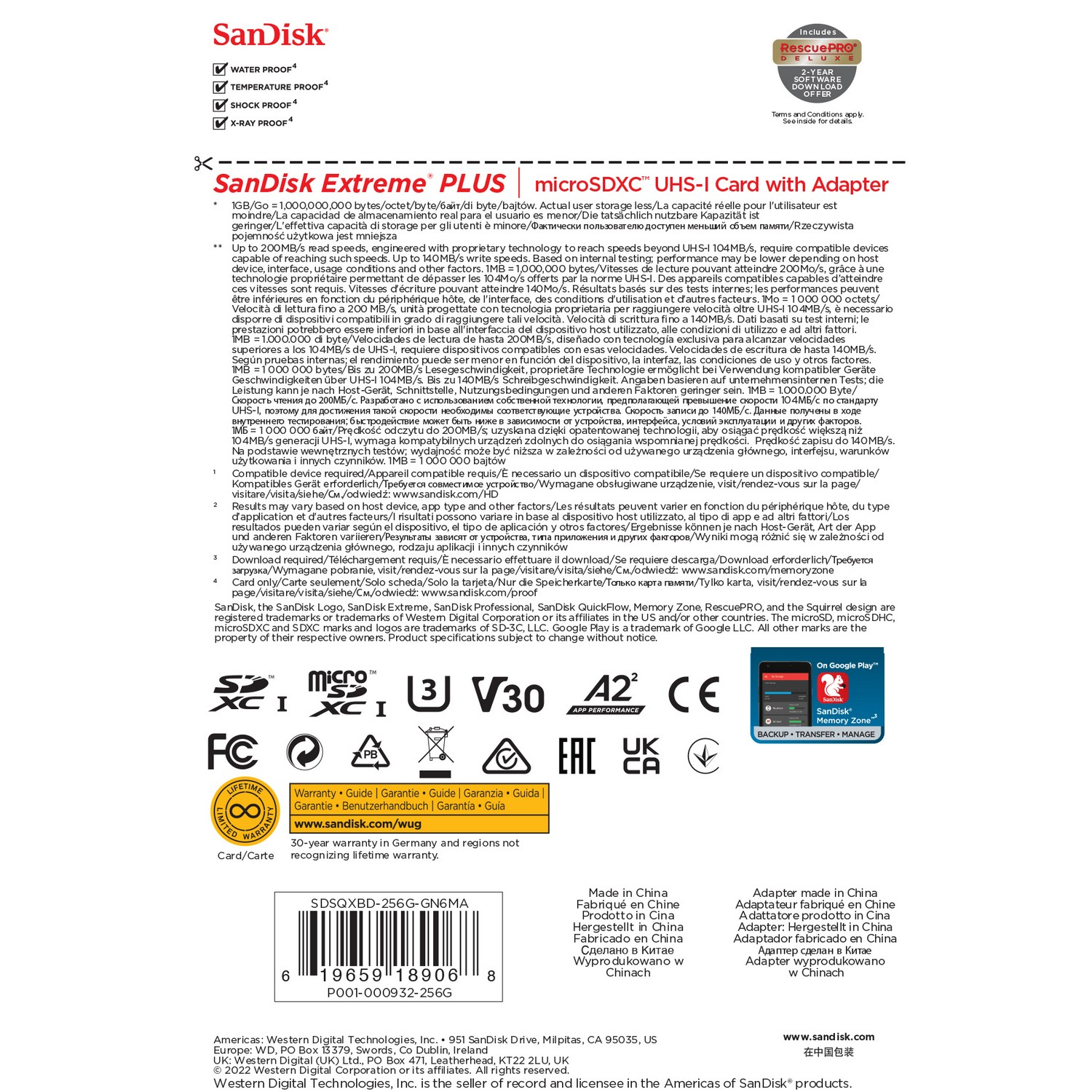 Una tarjeta microSD SanDisk Extreme PLUS con adaptador y texto sobre ella.
