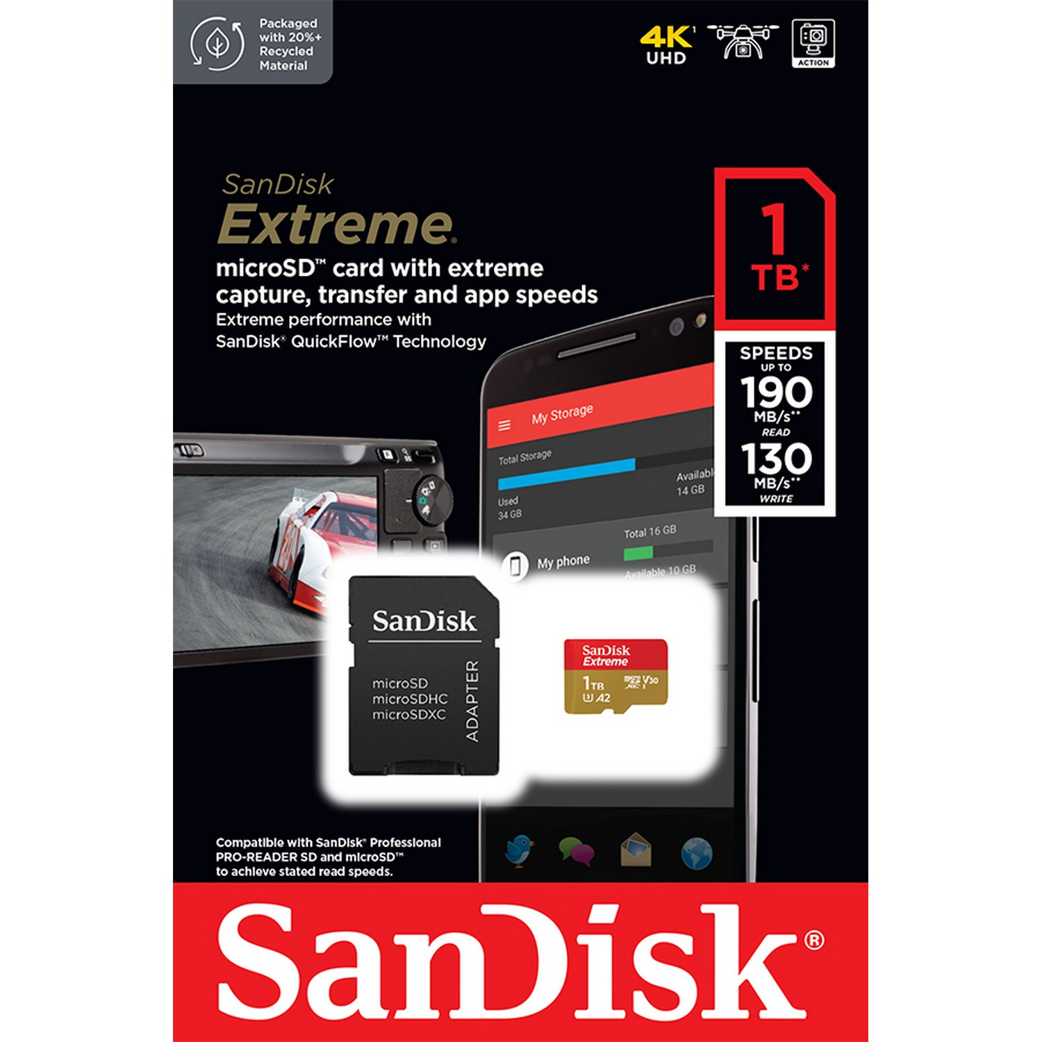 Un paquete de tarjeta de memoria SanDisk mostrando la tarjeta, teléfono y cámara.