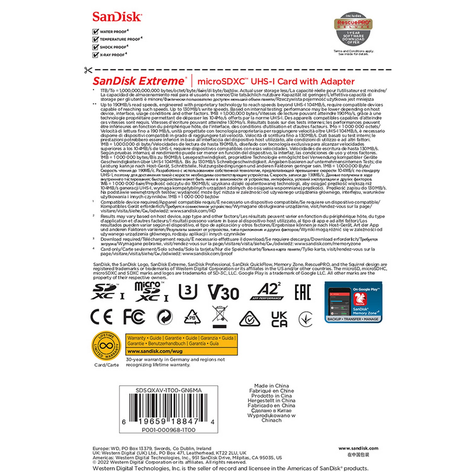 Una página de información del producto para una tarjeta SanDisk Extreme microSDXC UHS-I con adaptador.