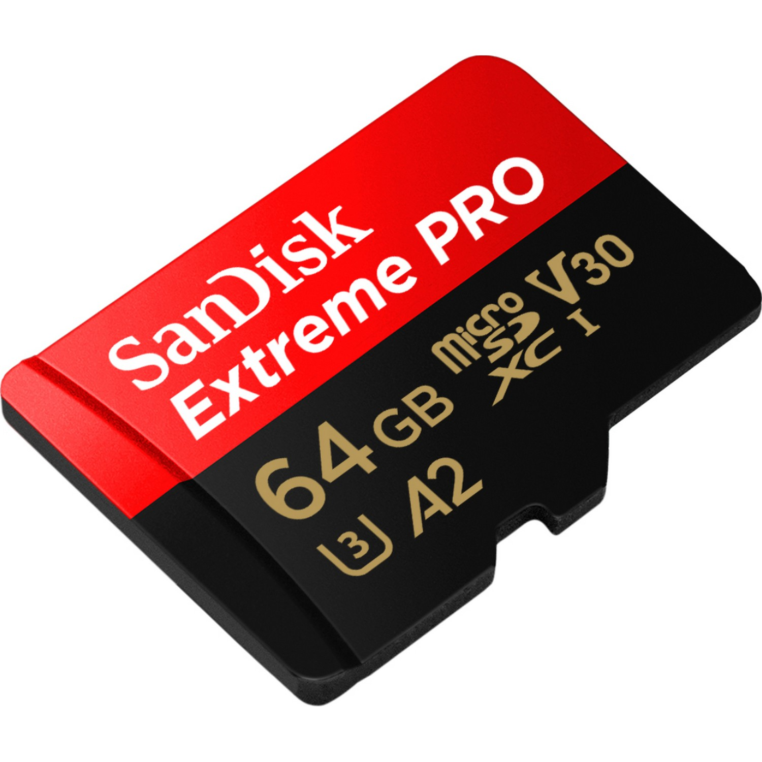 Tarjeta micro SD SanDisk Extreme PRO, roja y negra, texto: 64GB Micro XC I A2.