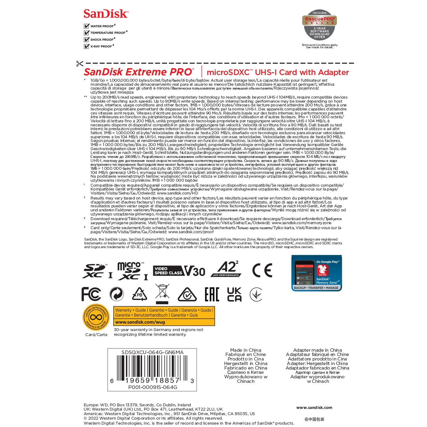 Embalaje de tarjeta SD. Texto: Tarjeta SanDisk Extreme PRO microSDXC UHS-I con adaptador. Detalles, logotipos y código de barras.