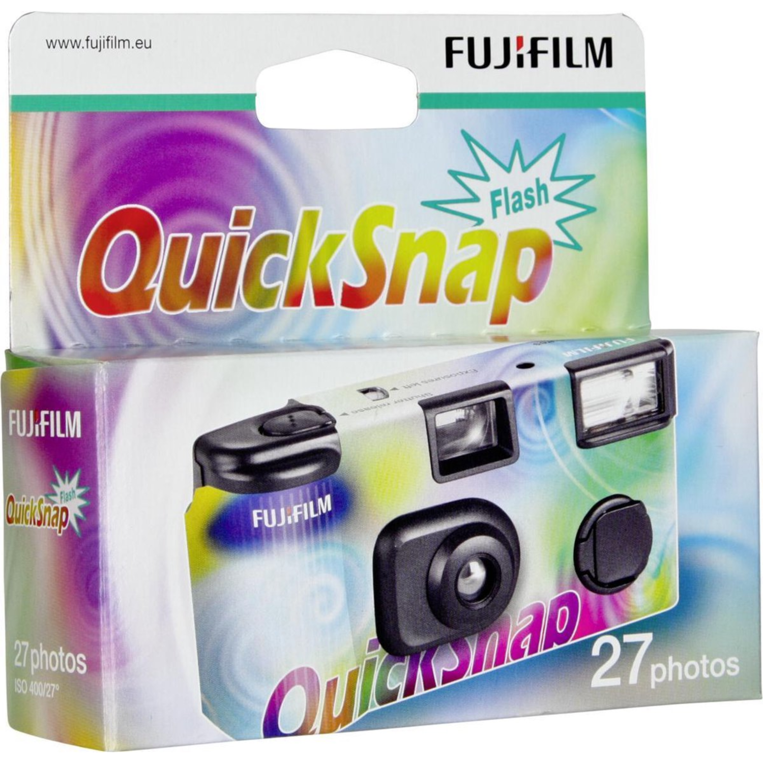 Fujifilm QuickSnap flash camera. Colorful package. Black camera.