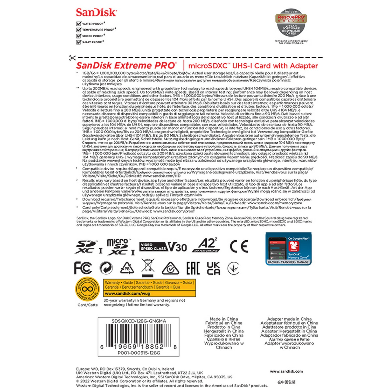 Un fondo blanco con información impresa del producto y una tarjeta microSD SanDisk Extreme Pro.