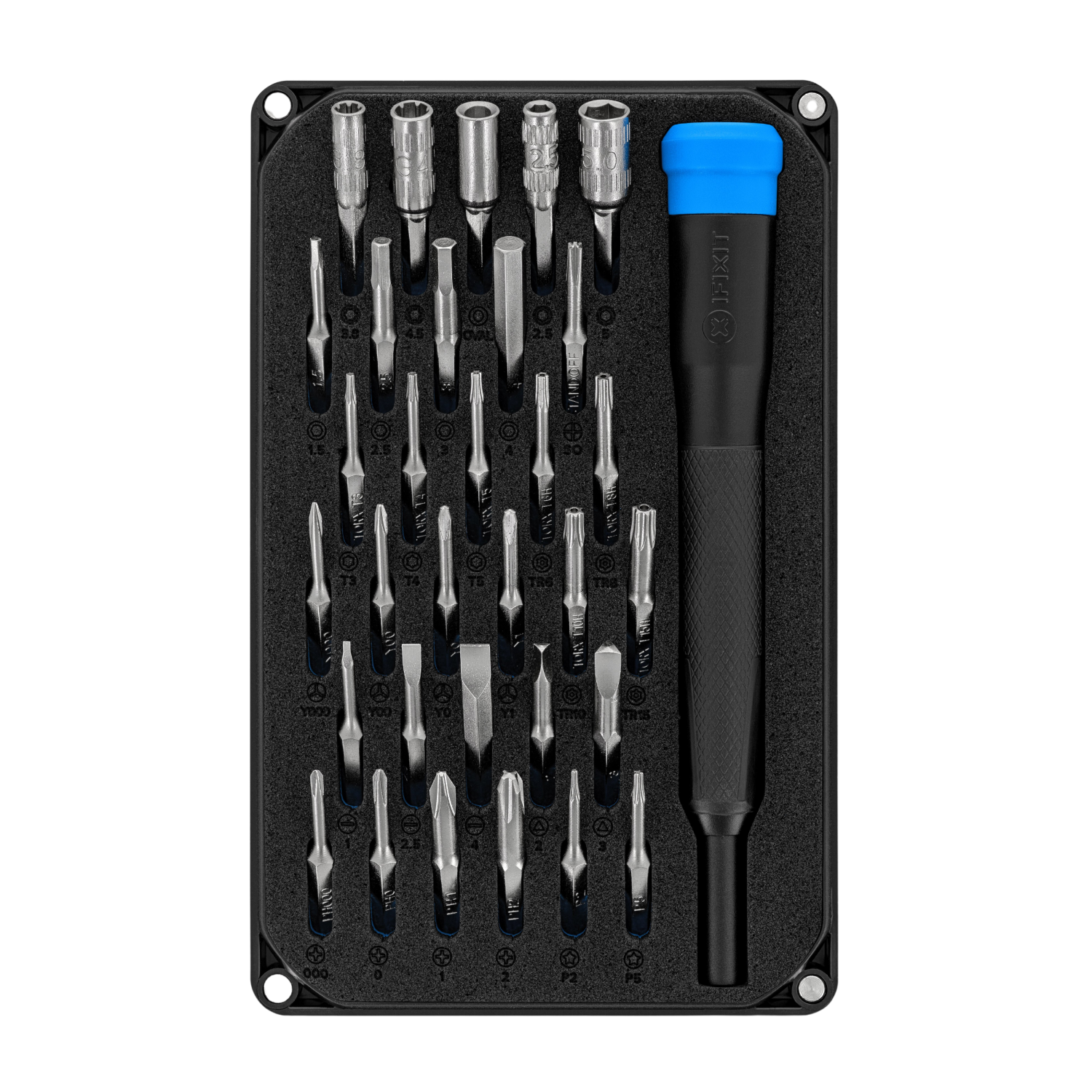 Gereedschapsset met diverse bits voor reparaties. De bits zijn gerangschikt in een zwarte bak, met een blauwe handgreep.