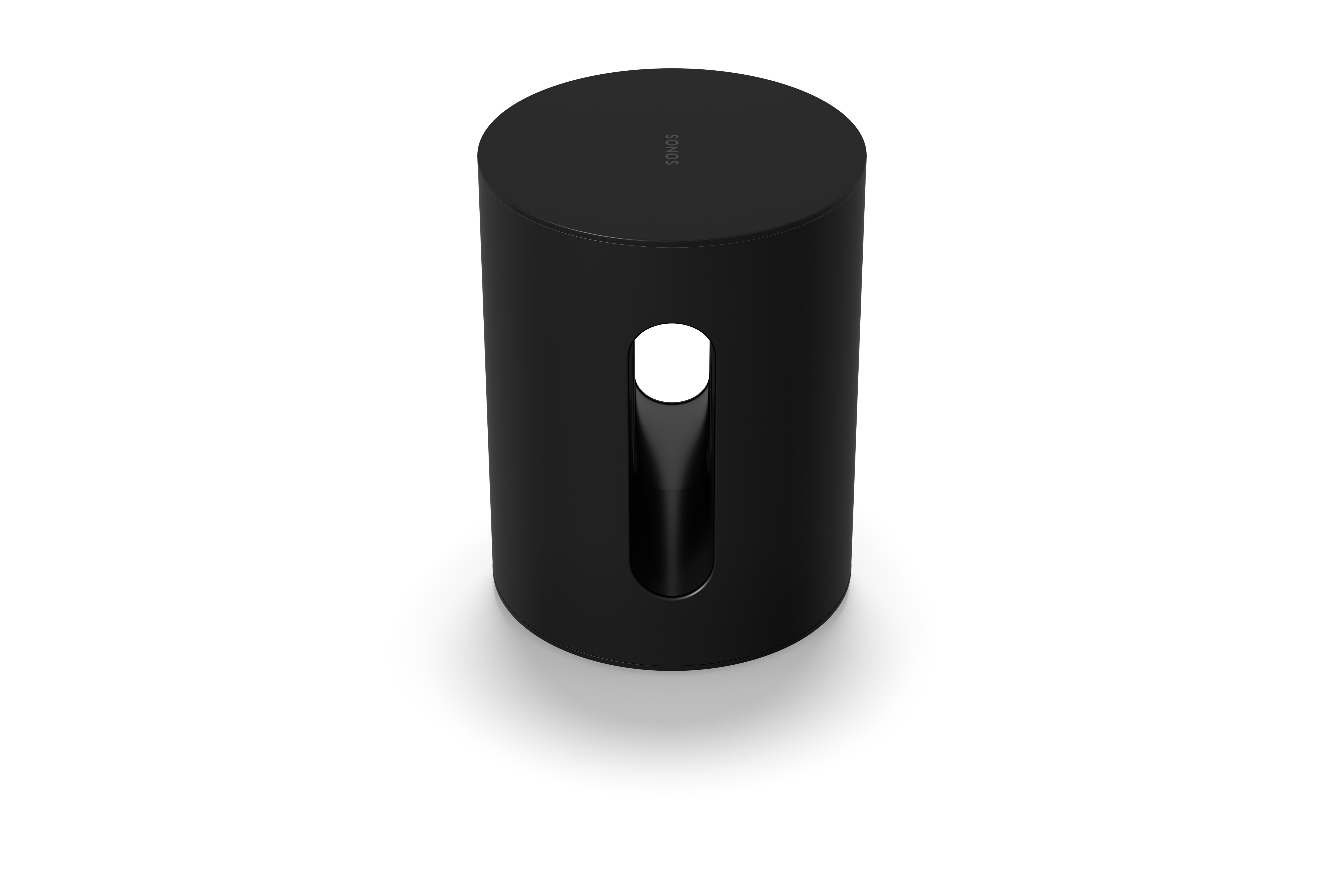 Ein schwarzer Sonos Subwoofer, zylindrisch mit einem zentralen Schlitz. Das Wort 'SONOS' steht oben.