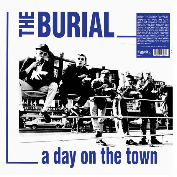 "The Burial" album borítója a zenekar tagjaival és szöveggel kék háttéren.