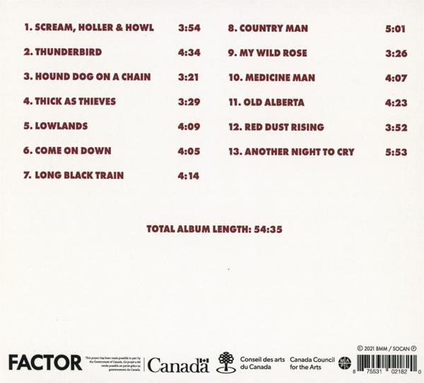 Eine Musikalben-Trackliste. Zu den Titeln gehören "Scream, Holler & Howl", "Thunderbird" und mehr.