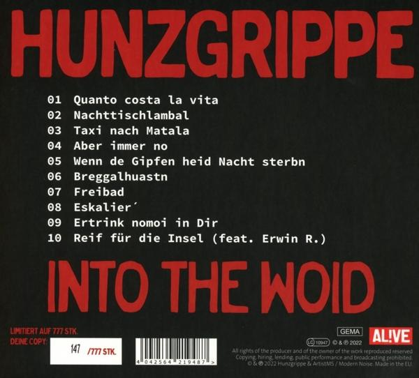 CD-Cover mit deutschem Text. Der Titel lautet 'Hunzgrippe' und 'Into the Woid'.