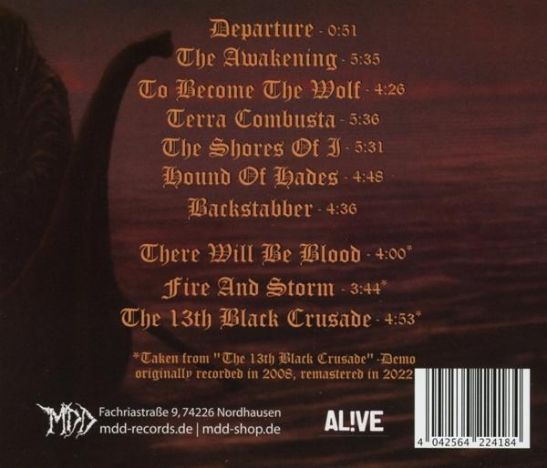 Ein CD-Cover mit Titellisten und Text, mit einem dunklen, rotbraunen Hintergrund.