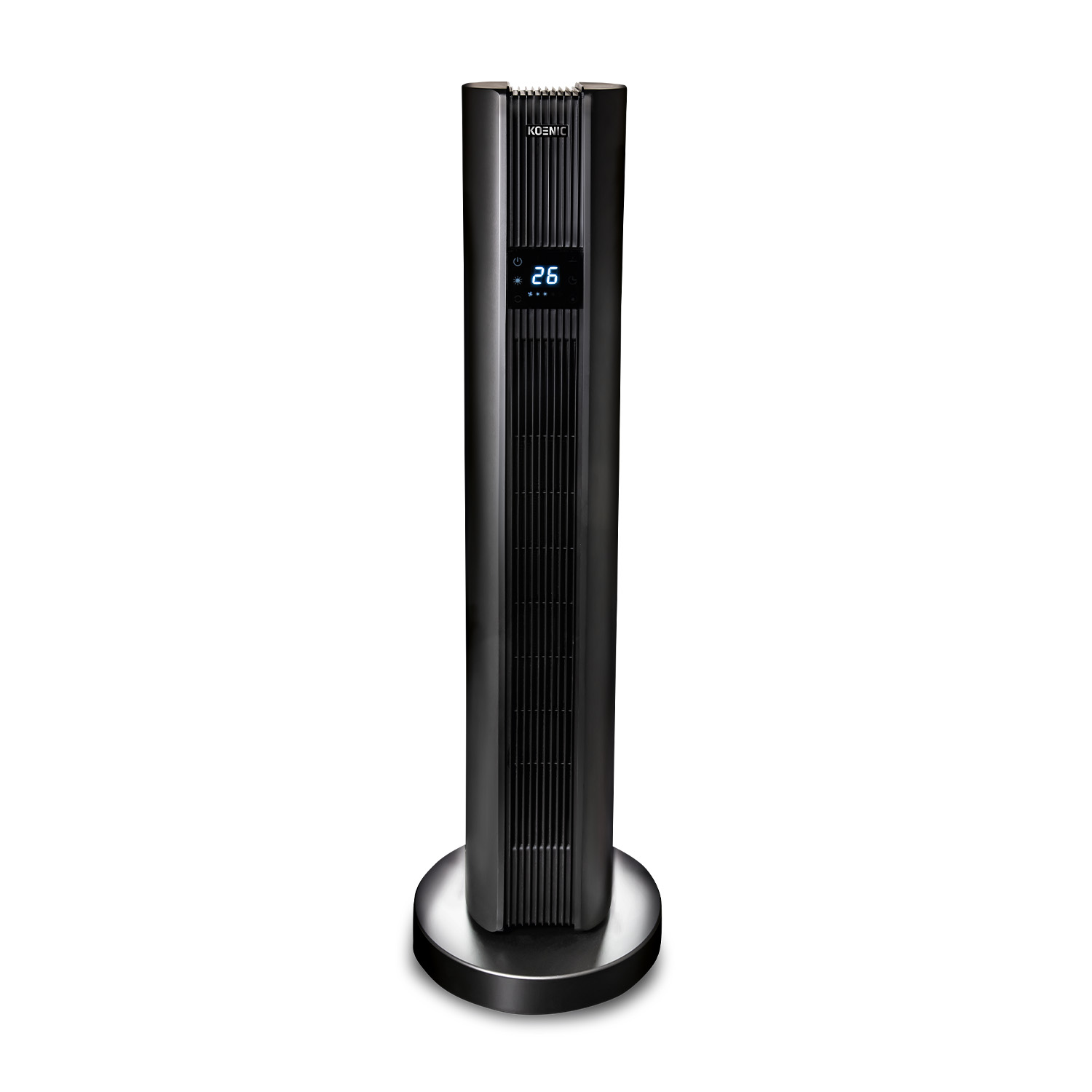 Un ventilatore a torre nero alto con un display digitale che mostra il numero 26 su una base nera.