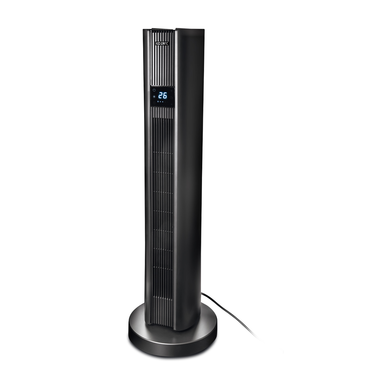 Un ventilatore a torre nero alto con un display digitale che mostra il numero 26 su una base nera.