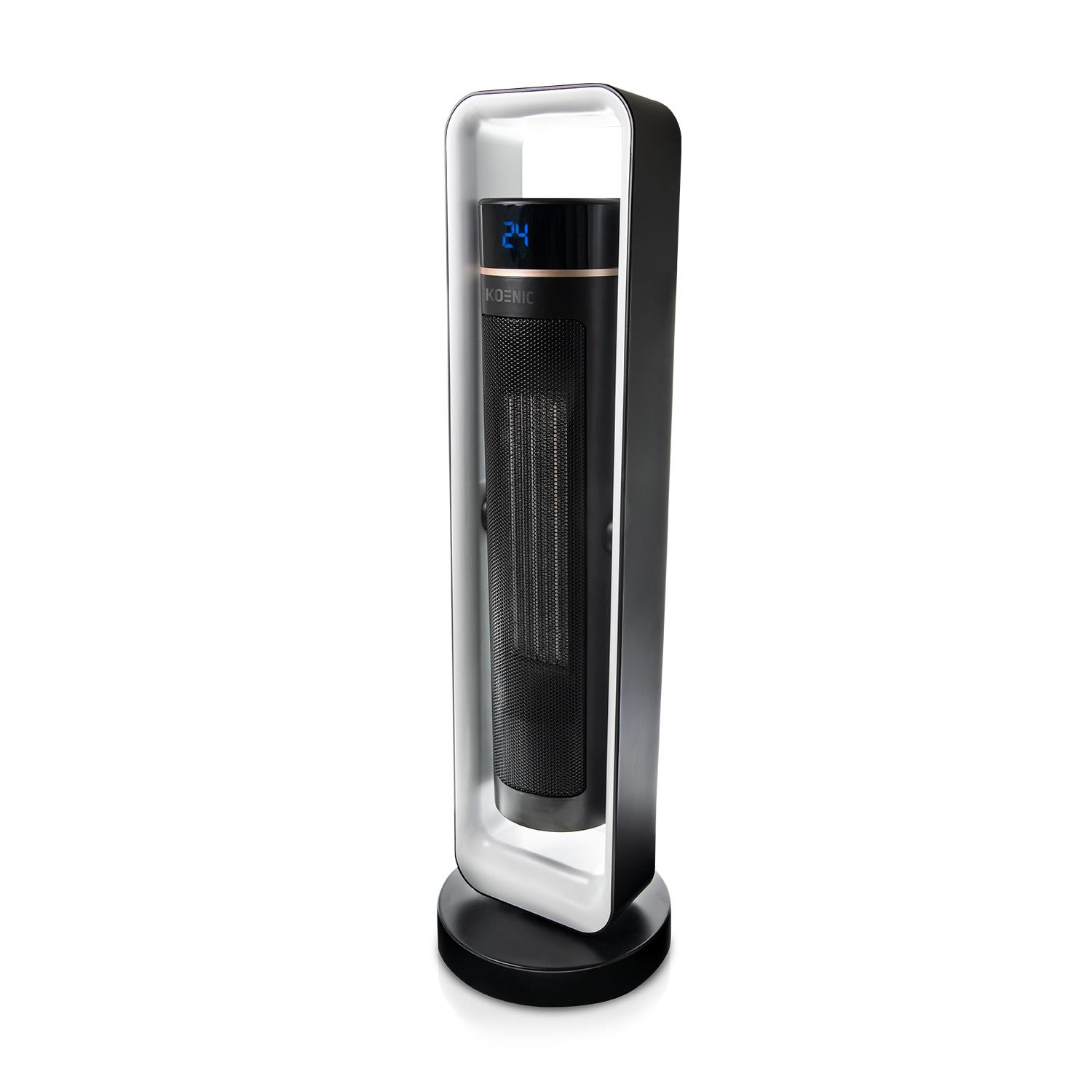 Termoventilatore a torre Koenic bianco e nero con display digitale che mostra 24 su sfondo bianco.