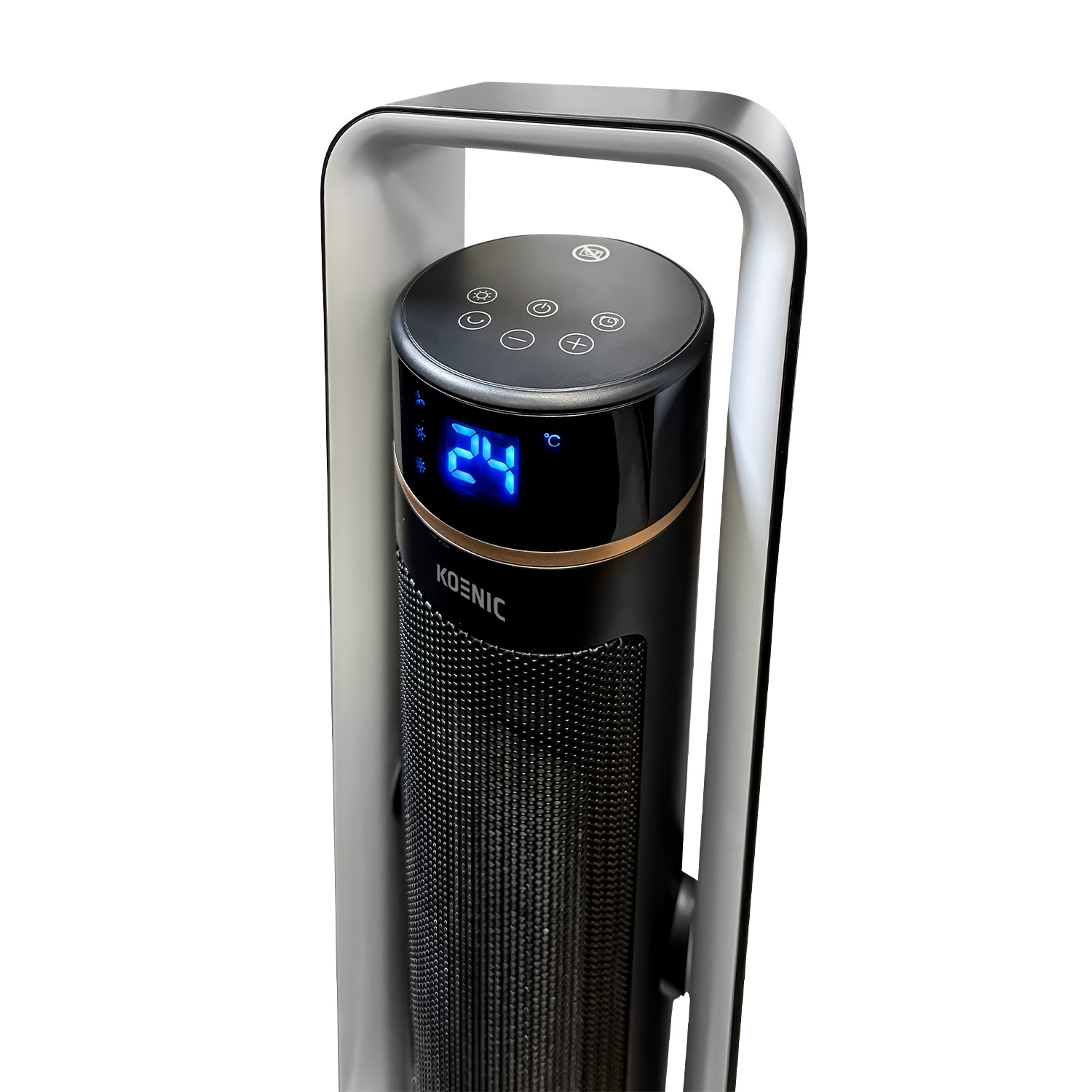 Stufa portatile in bianco e nero con display digitale blu che mostra 24 gradi.