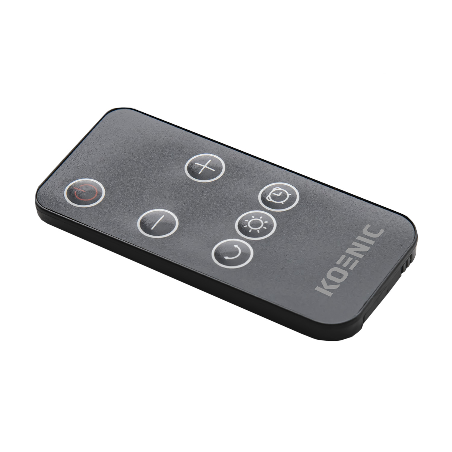 Un telecomando nero con pulsanti, con il logo 'KOENIC' stampato sopra.