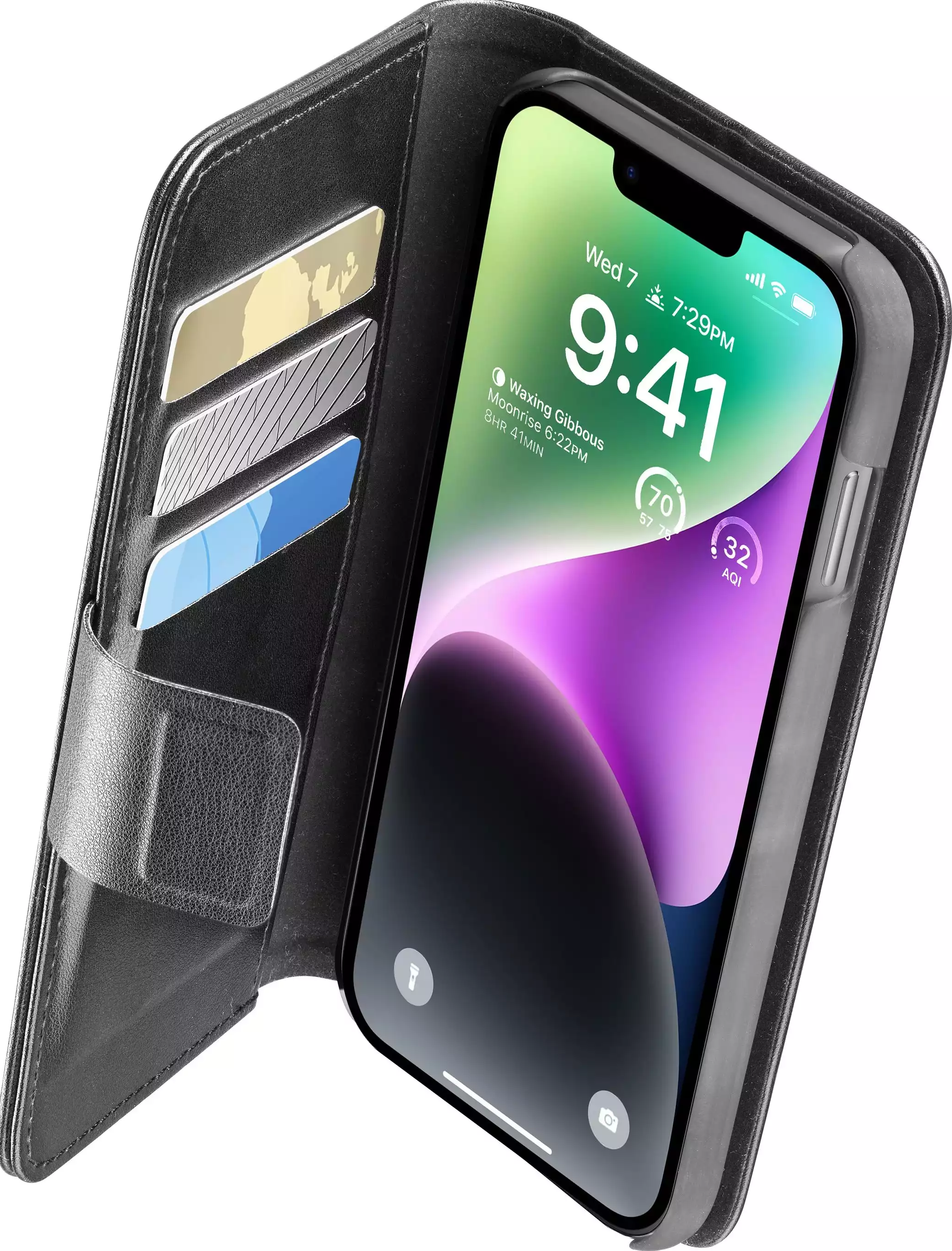 Custodia del telefono nera aperta con telefono che mostra l'ora. Carte di credito visibili.