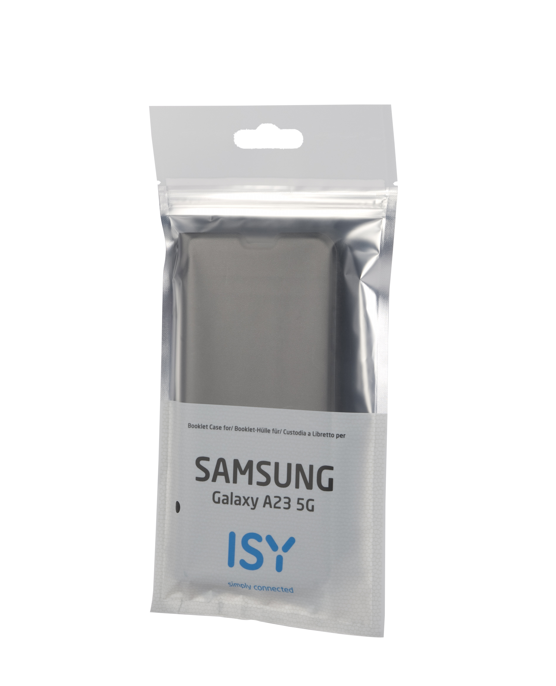 Silberne Handyhülle in versiegelter Plastikverpackung, Text: Samsung Galaxy A23 5G.