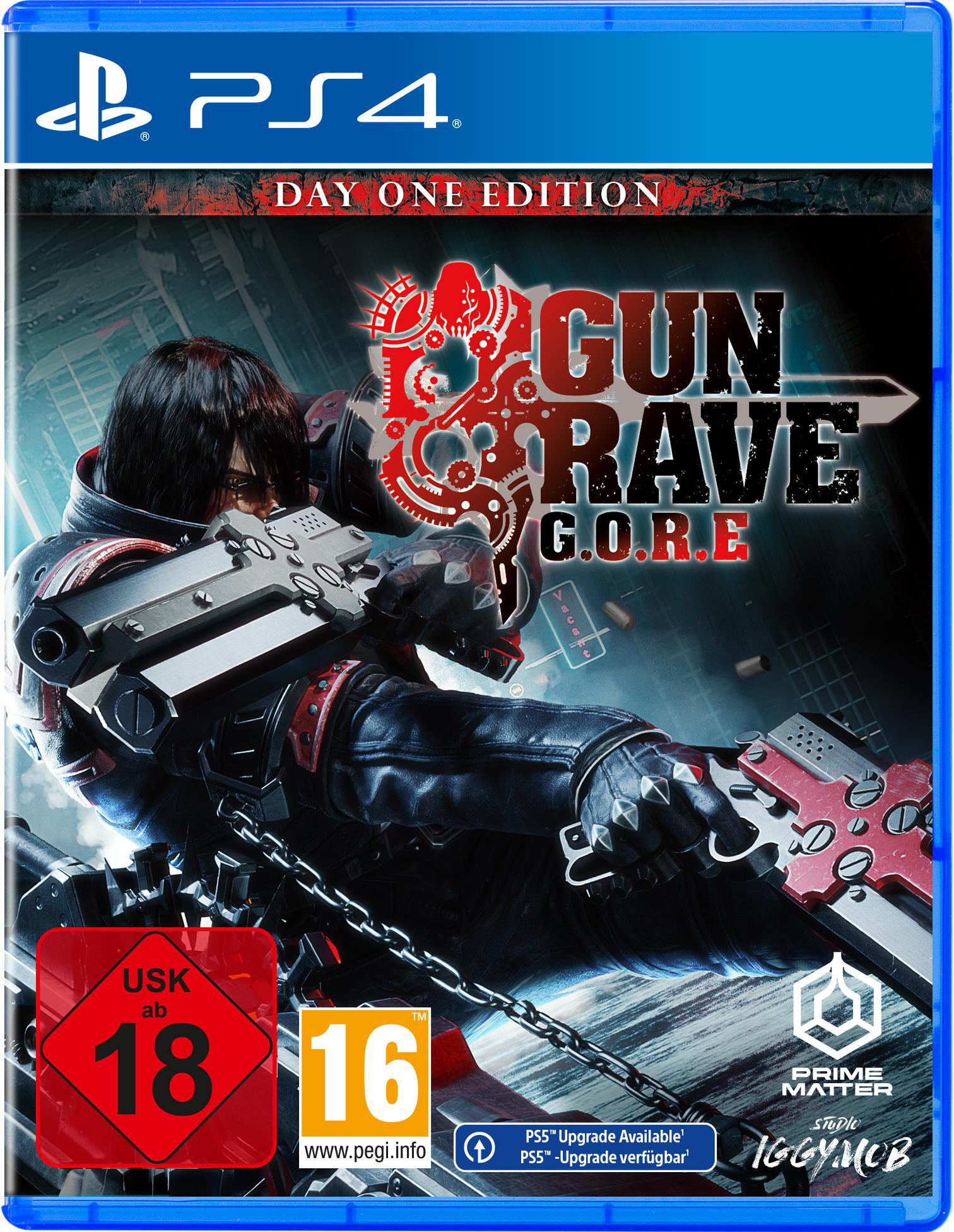 Gunrave G.O.R.E. PS4-Spielcover. Eine Person, die eine Waffe hält, mit einem rot-schwarzen Thema.