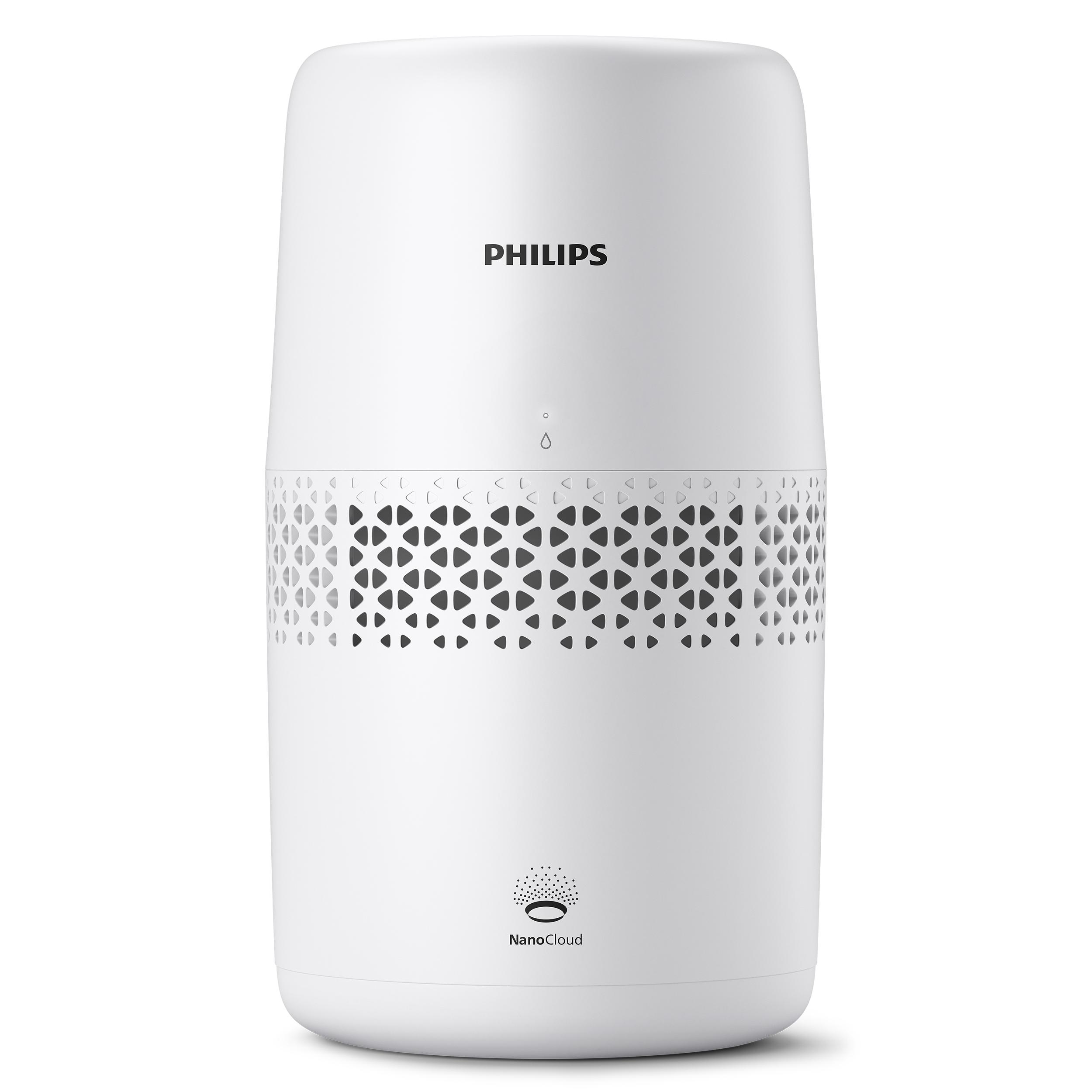 Ein weißer Philips NanoCloud Luftbefeuchter mit zylindrischem Körper und gemustertem Unterteil.