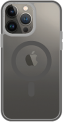 Dos d'un iPhone noir avec deux lentilles et le logo Apple, dans un étui gris.
