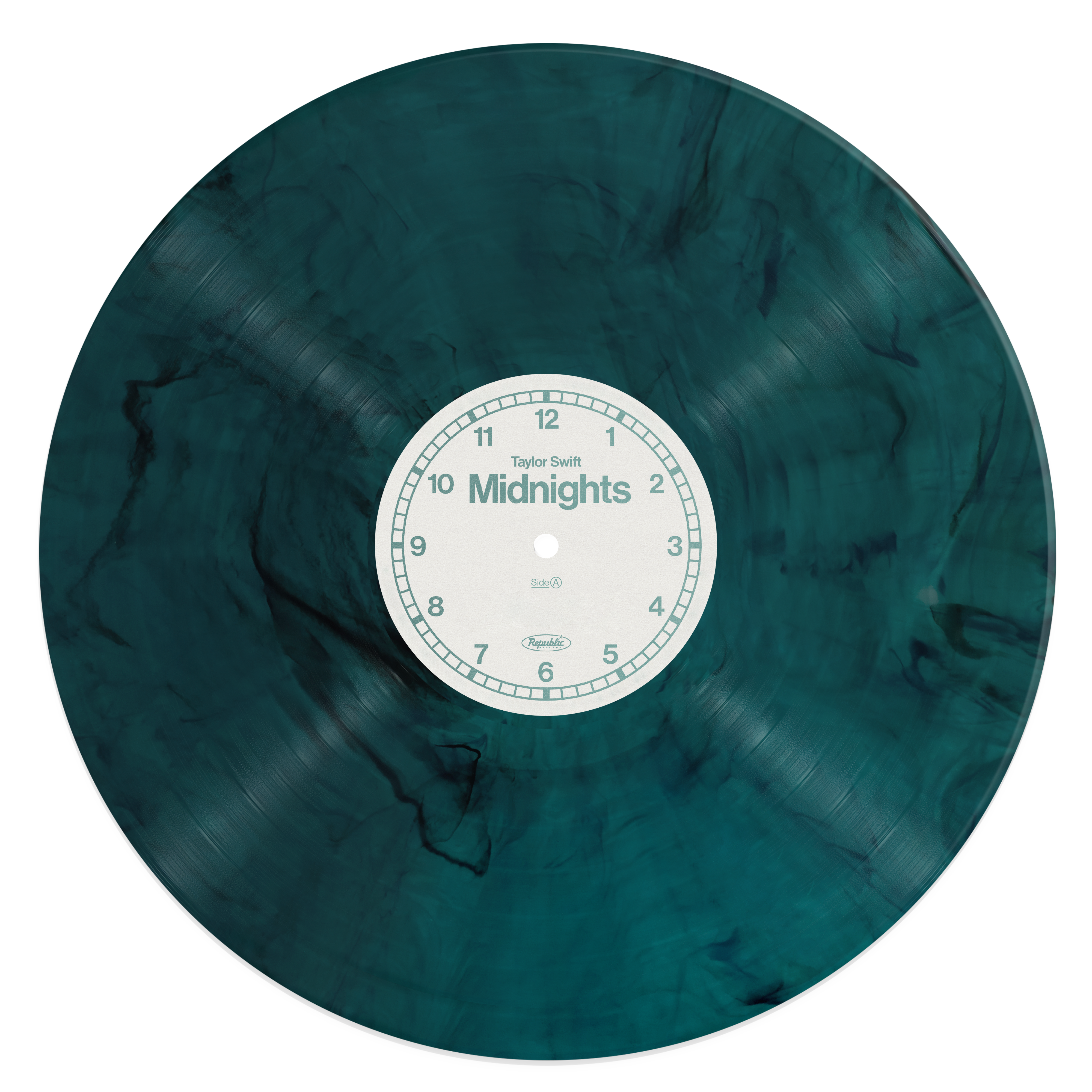 Eine teal-farbene Schallplatte mit einem Zifferblatt-Design in der Mitte.