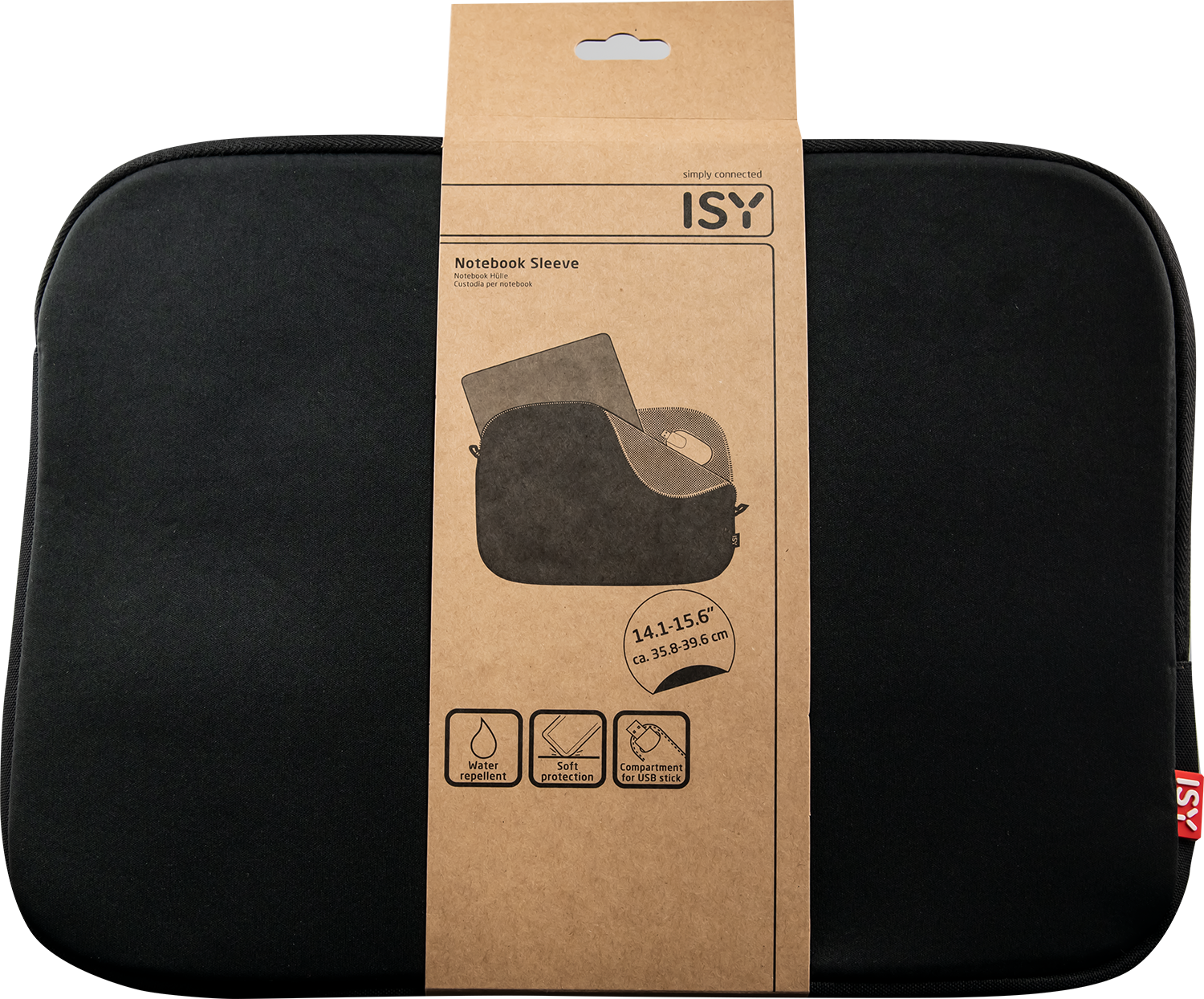 A black laptop sleeve with a notebook inside, with water repellent and USB stick icons.