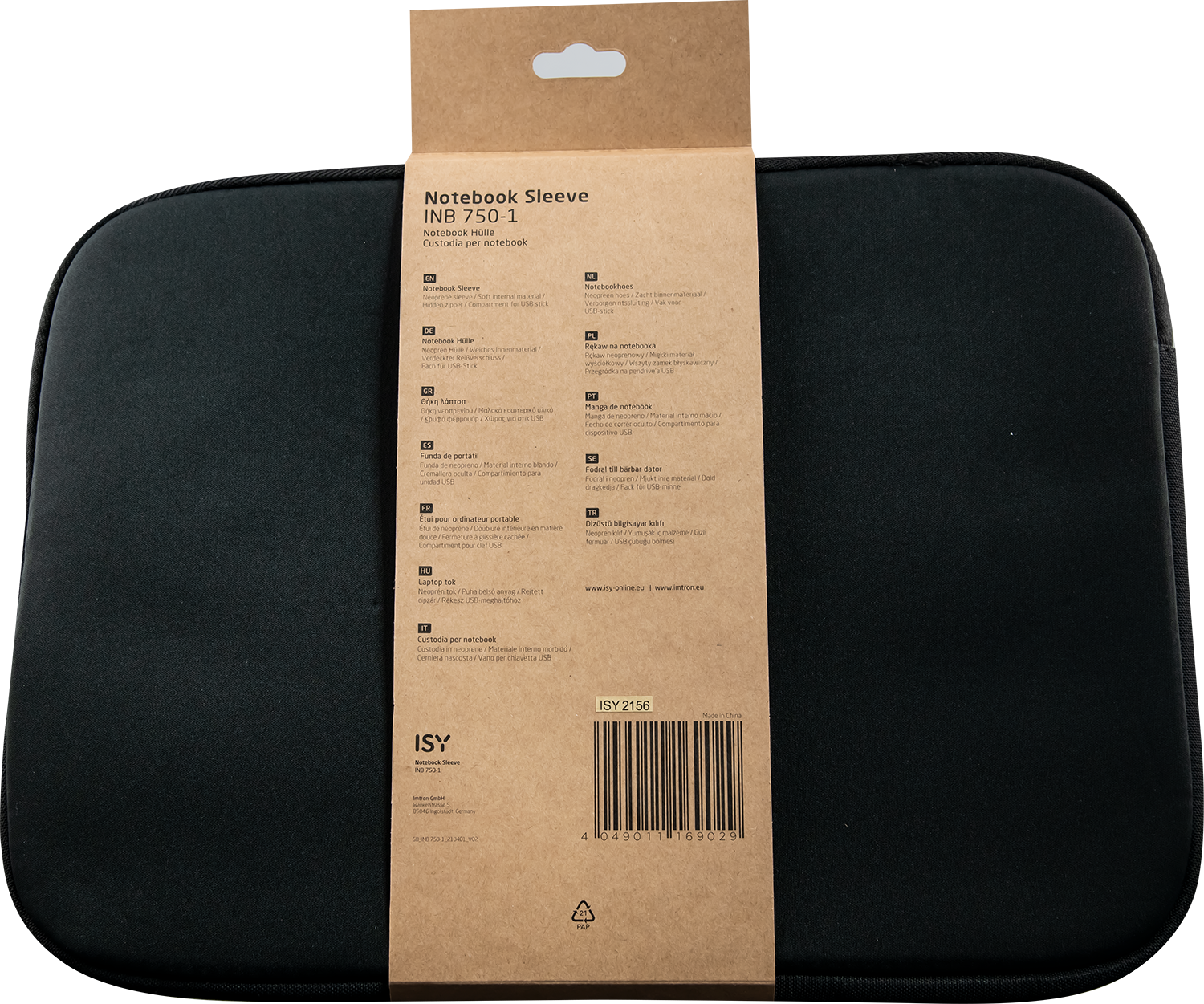 Black laptop sleeve with text in multiple languages, including English. A brown cardboard tag is attached.