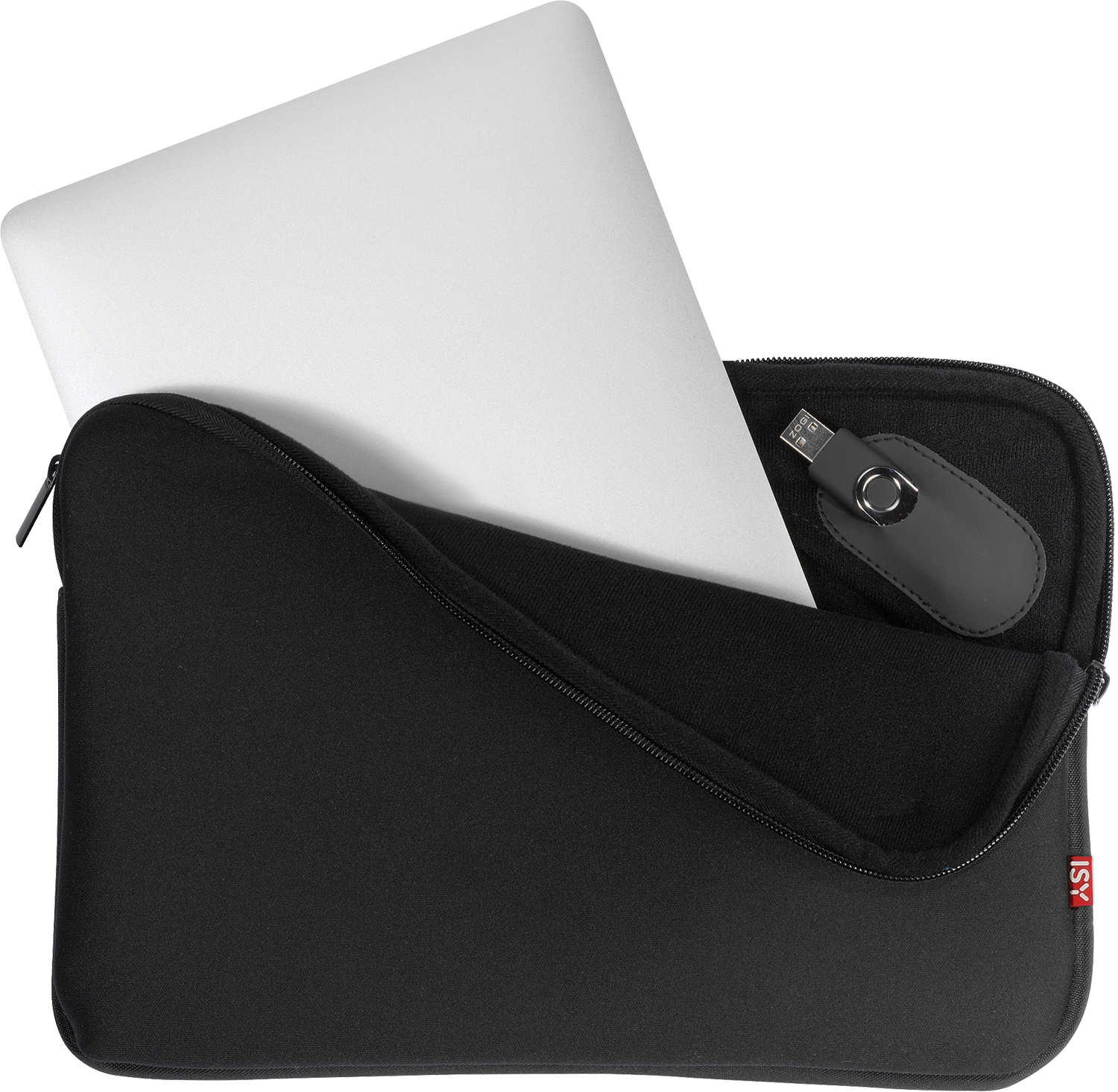 A black laptop sleeve with a laptop inside and a USB drive in the pocket.