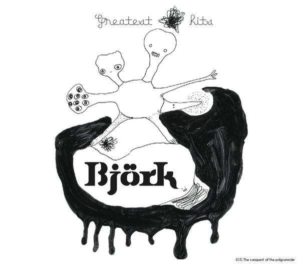 Björks Albumcover mit zwei fremdartigen Figuren und dem Titel 'Greatest Hits'.