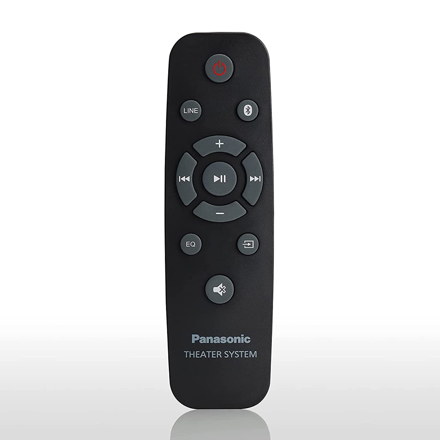 Telecomando nero Panasonic per un sistema home theater, con pulsanti.