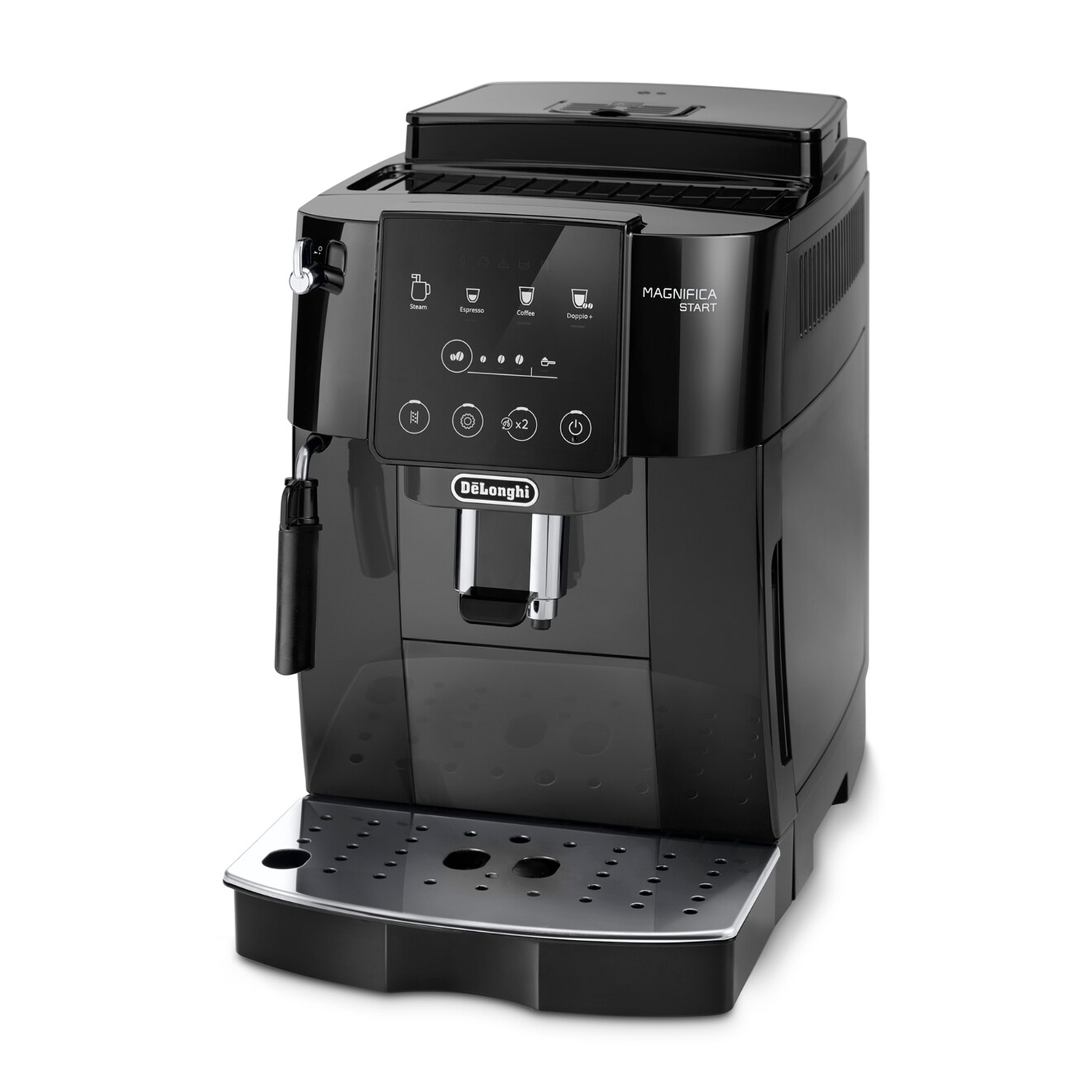 Una macchina da caffè De'Longhi Magnifica Start nera. Ha un display, pulsanti e un vassoio.