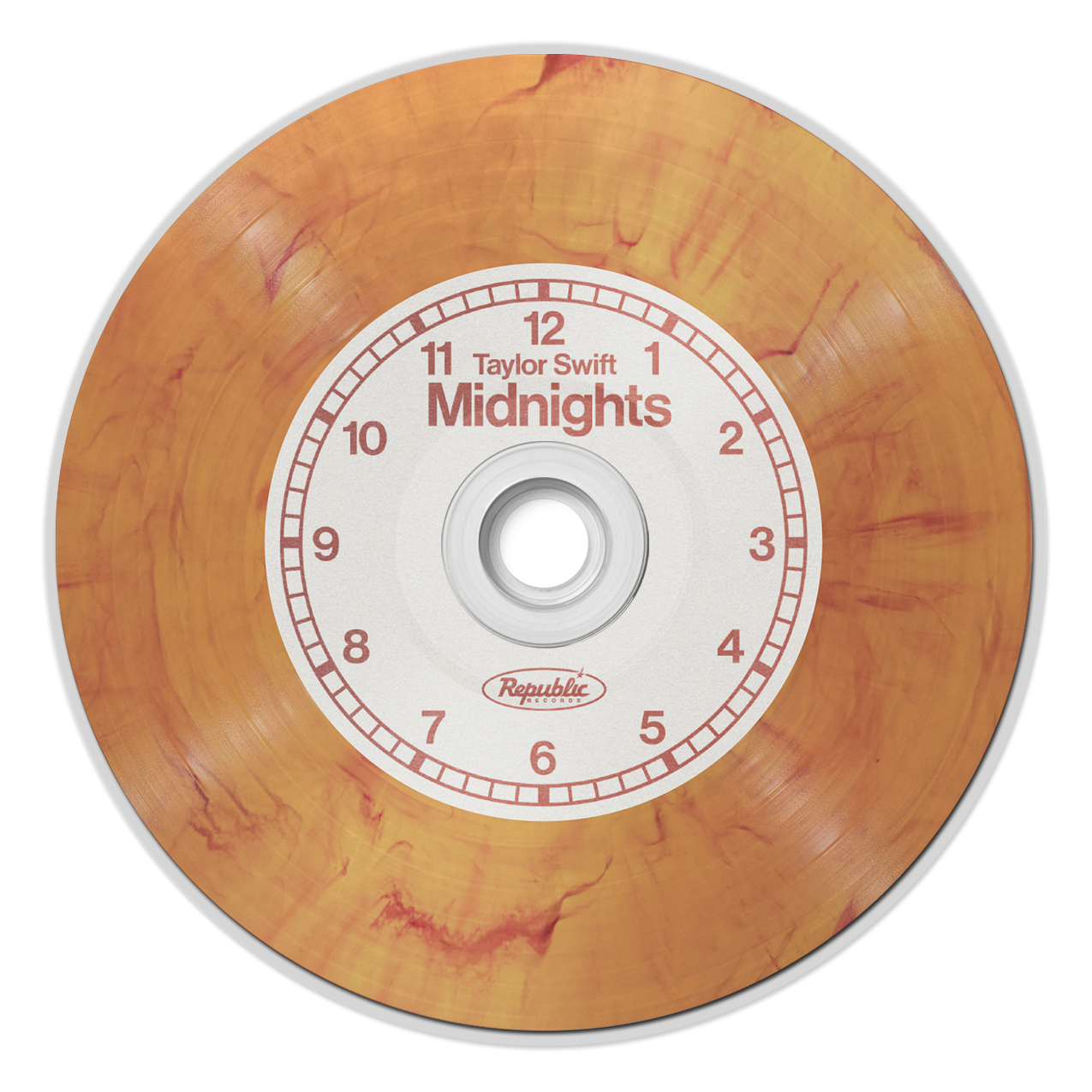 Eine CD mit dem Titel 'Midnights' von Taylor Swift, mit einem braun-orangenen Marmordesign.