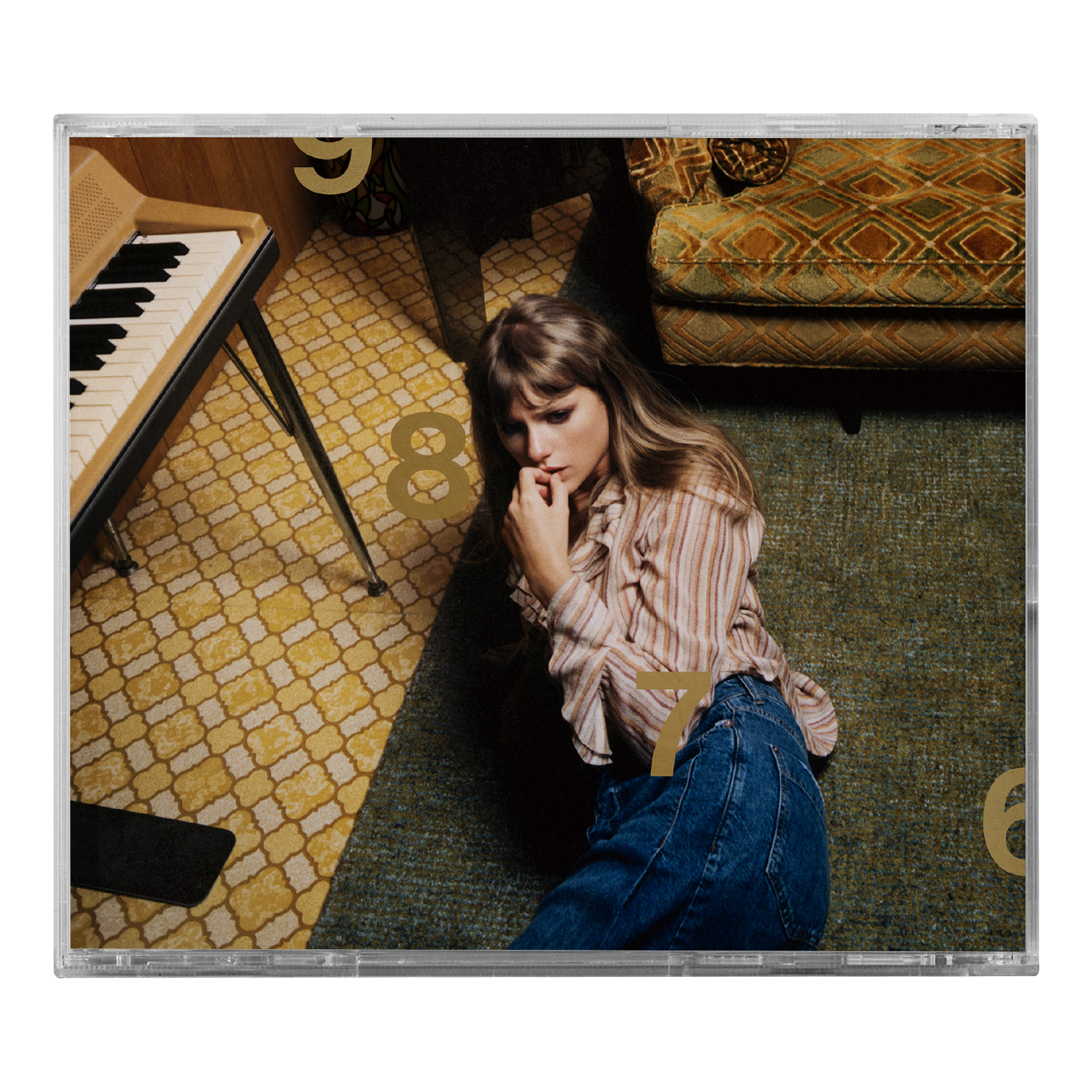 Albumcover: Taylor Swift auf einem Teppichboden mit Zahlen. Klavier im Hintergrund.