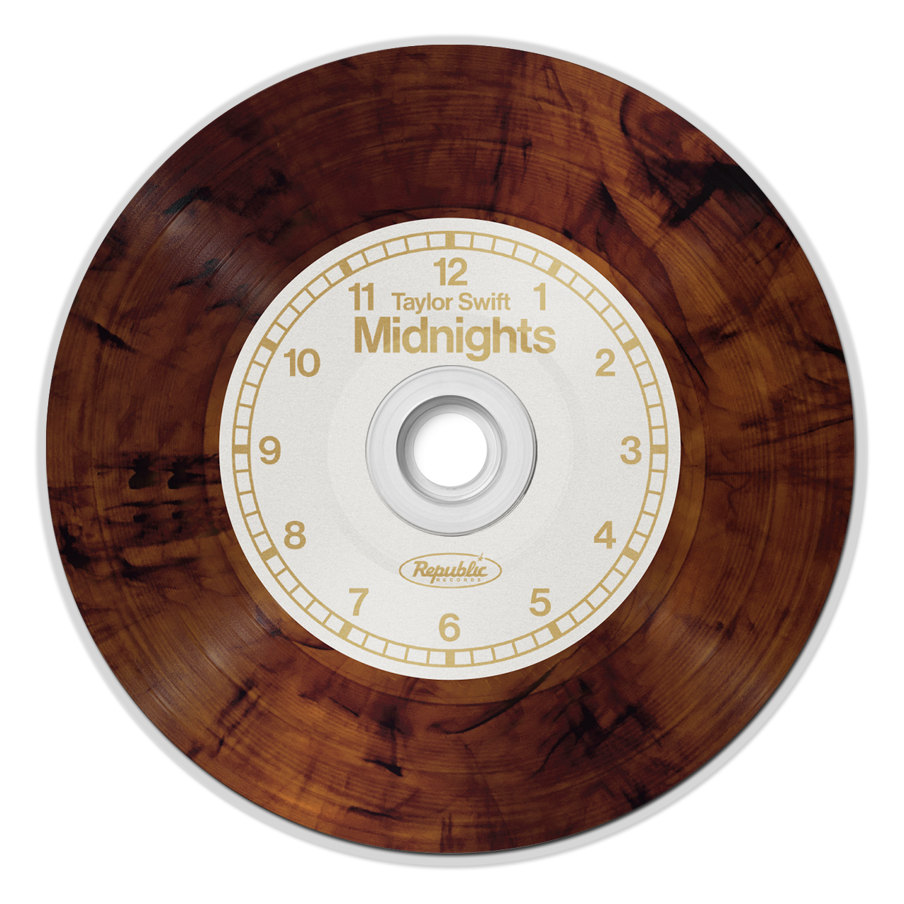 Taylor Swifts Midnights CD mit Zifferblattdesign auf dunklem Holzgrund.