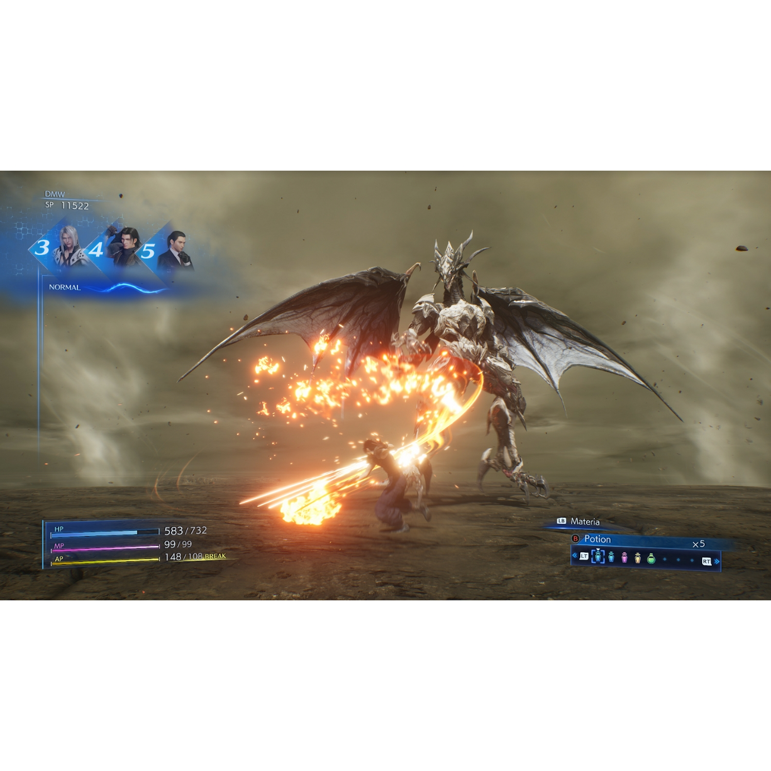 Una escena de videojuego con un dragón luchando contra un personaje con una espada.