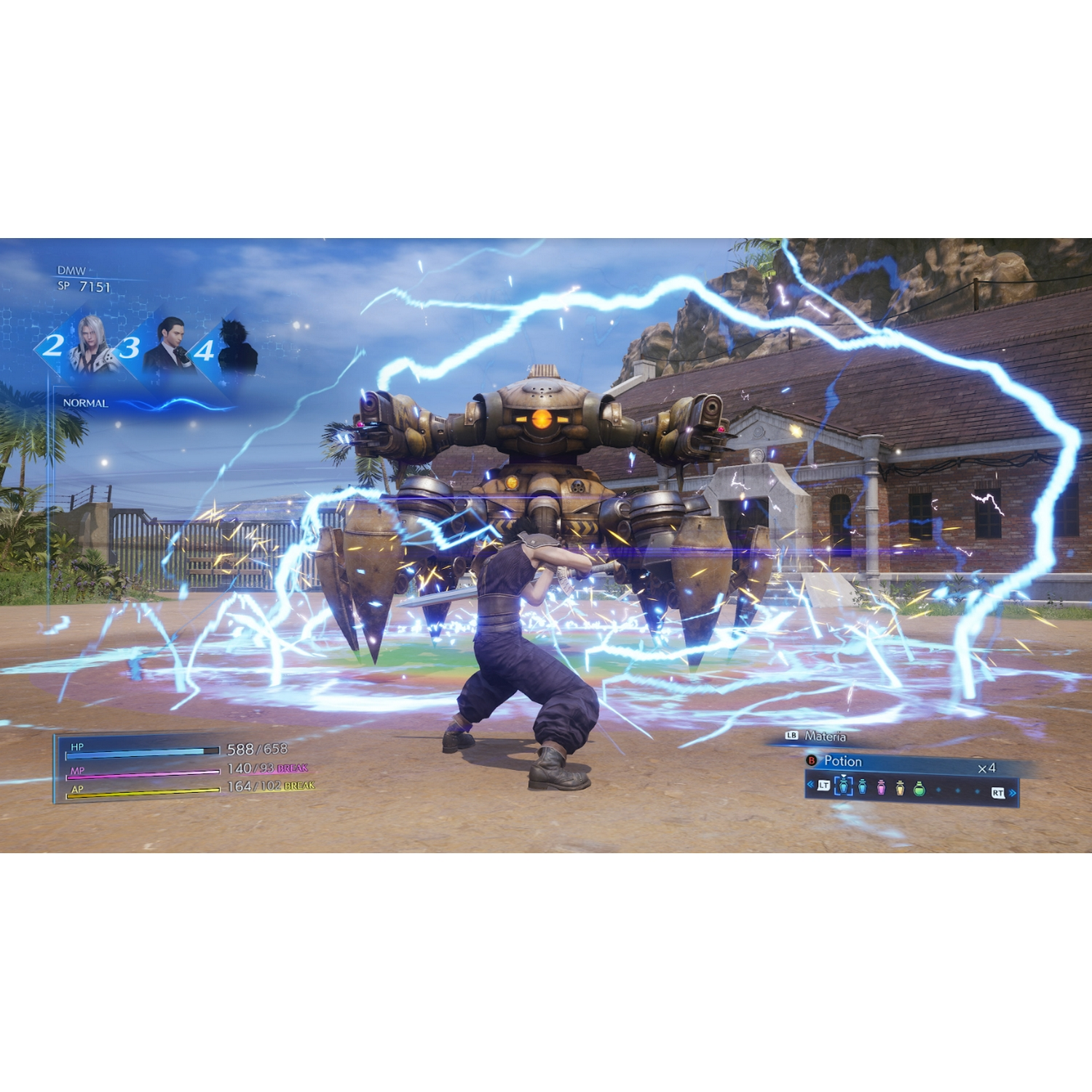 Una escena de videojuego con un personaje luchando contra un gran robot con efectos eléctricos.