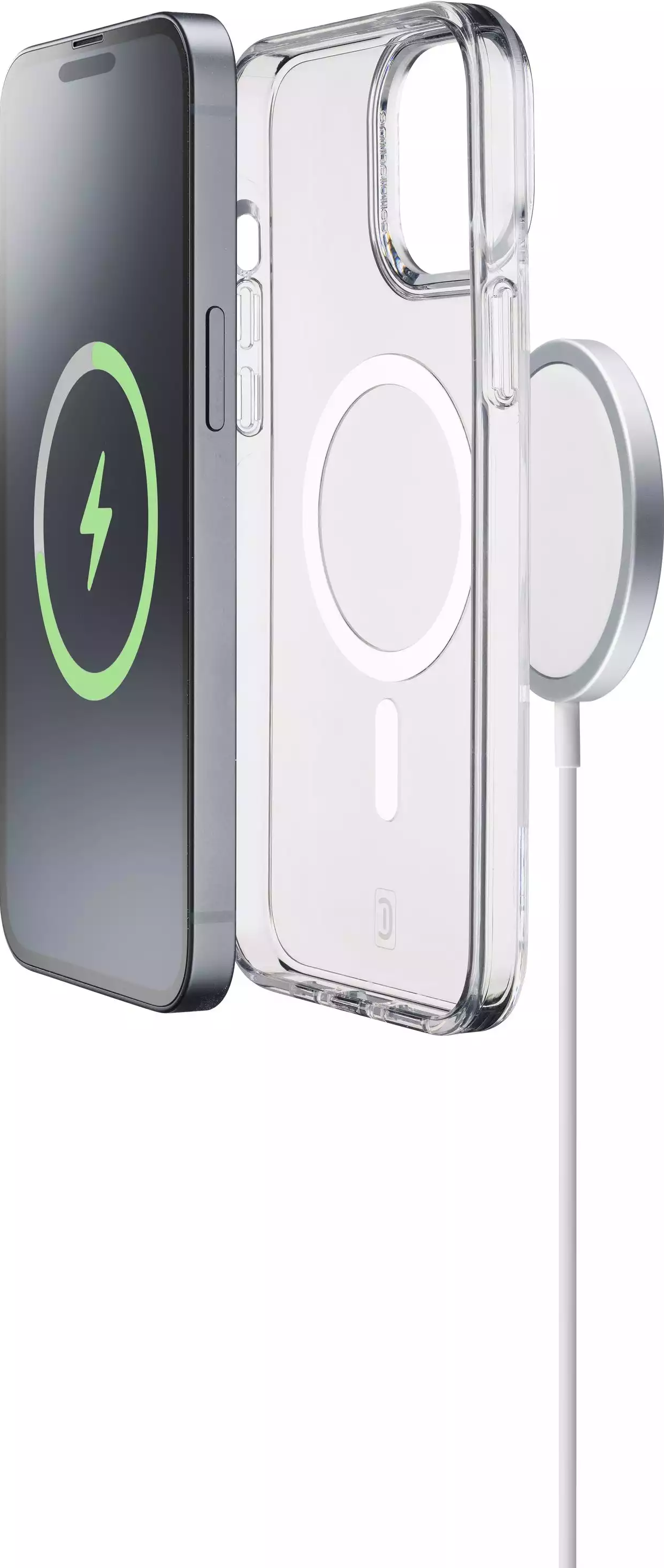 Smartphone con custodia e base di ricarica wireless; telefono a sinistra.