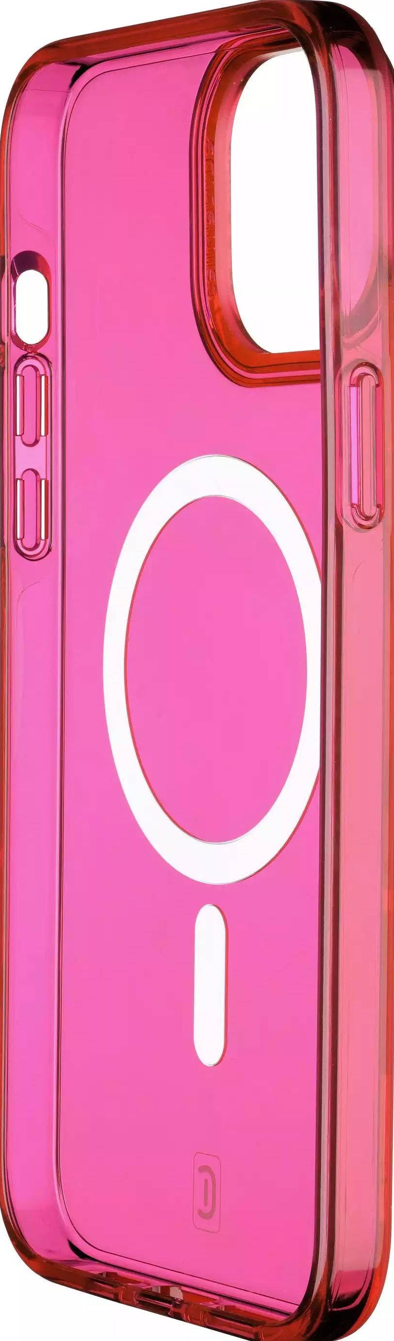 Una custodia per telefono rosa brillante. Ha un cerchio bianco con un segno meno all'interno.
