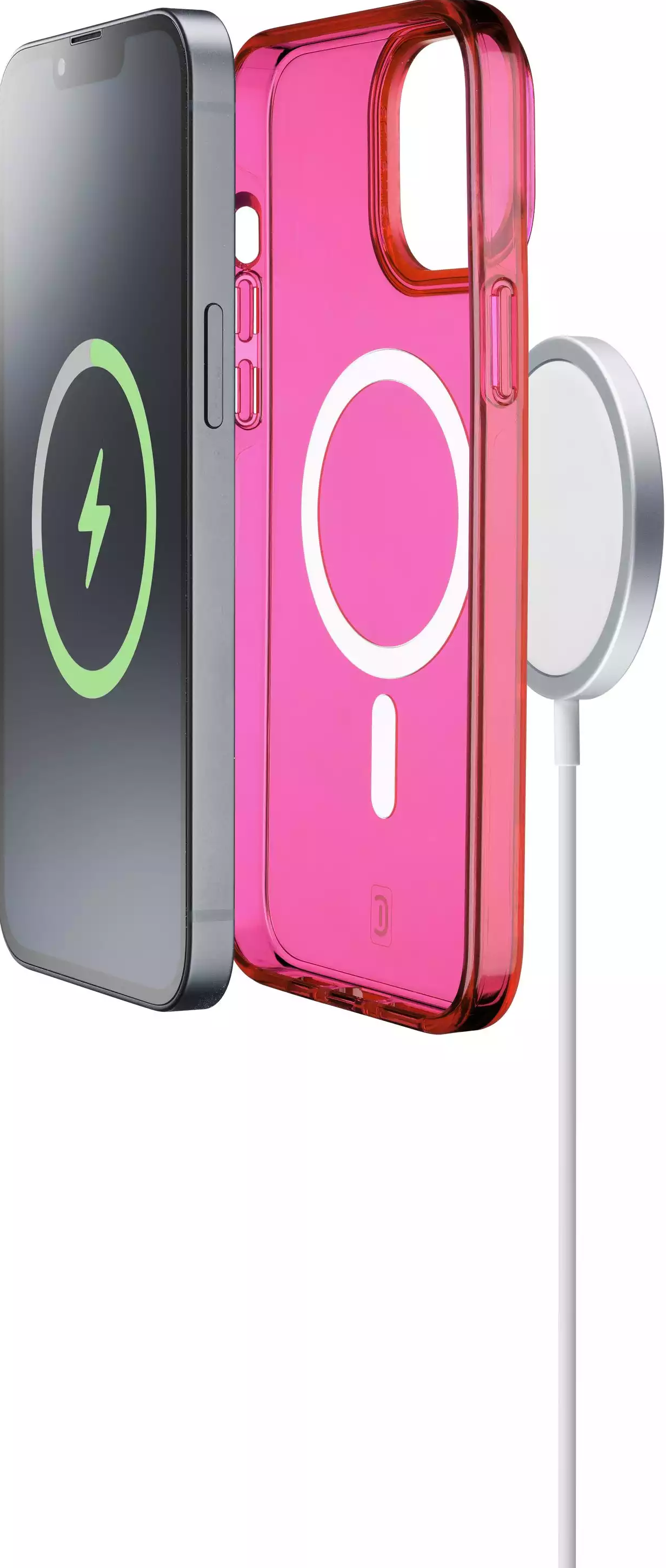 Una mano che tiene un telefono sopra un caricabatterie wireless. Il telefono ha un fulmine.