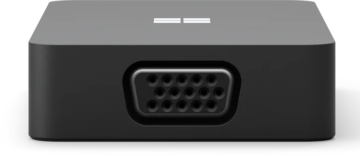 Eine schwarze Microsoft-Dockingstation mit VGA-Anschluss, auf schwarzem Hintergrund.
