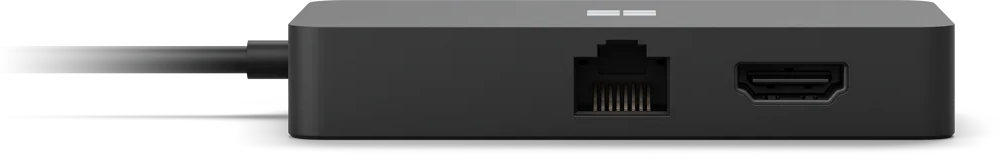 Ein schwarzes Microsoft-Gerät mit LAN-Anschluss, HDMI-Anschluss und Kabel.
