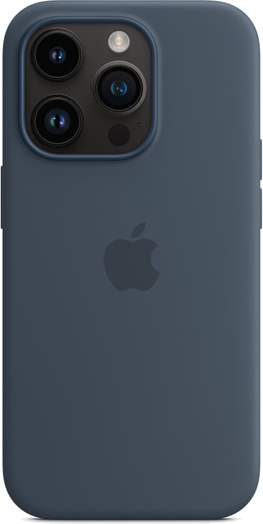 Een donkerblauwe iPhone met hoesje op een witte achtergrond.